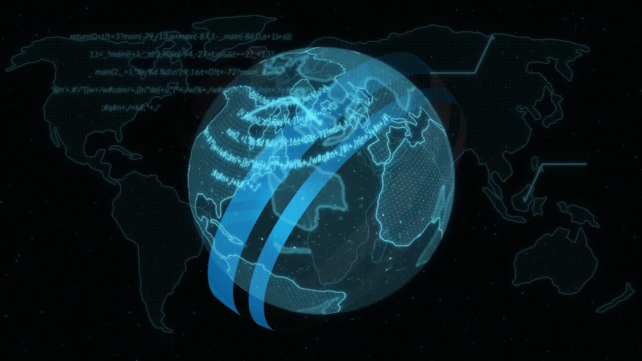 어두운 배경 위에서 지구의 애니메이션과 데이터 처리