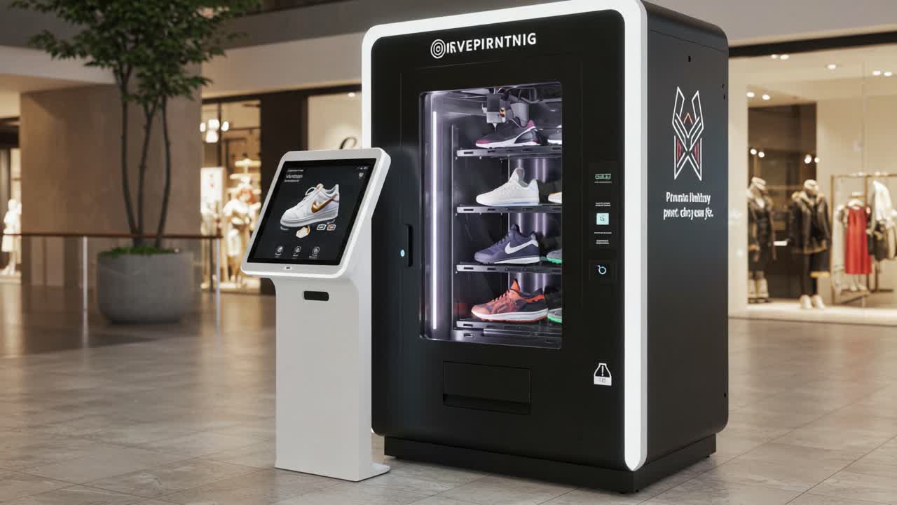 Innovative Footwear Vending Machine Showcases a Variety of Sneakers with an Interactive Touchscreen Interface in a Modern Retail Space