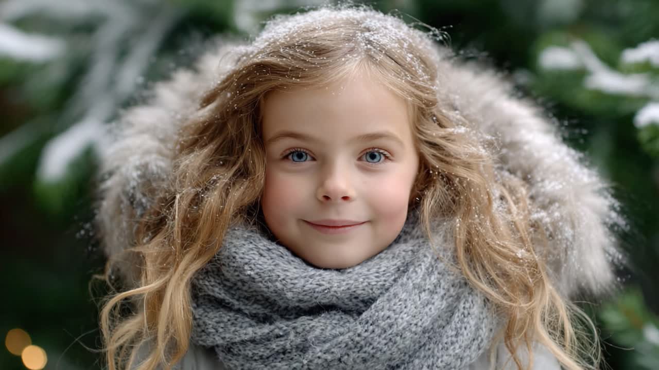 A Joyful Winter Portrait of a Young Girl Smiling Amidst Snowflakes and Greenery, Capturing the Essence of a Magical Holiday Season