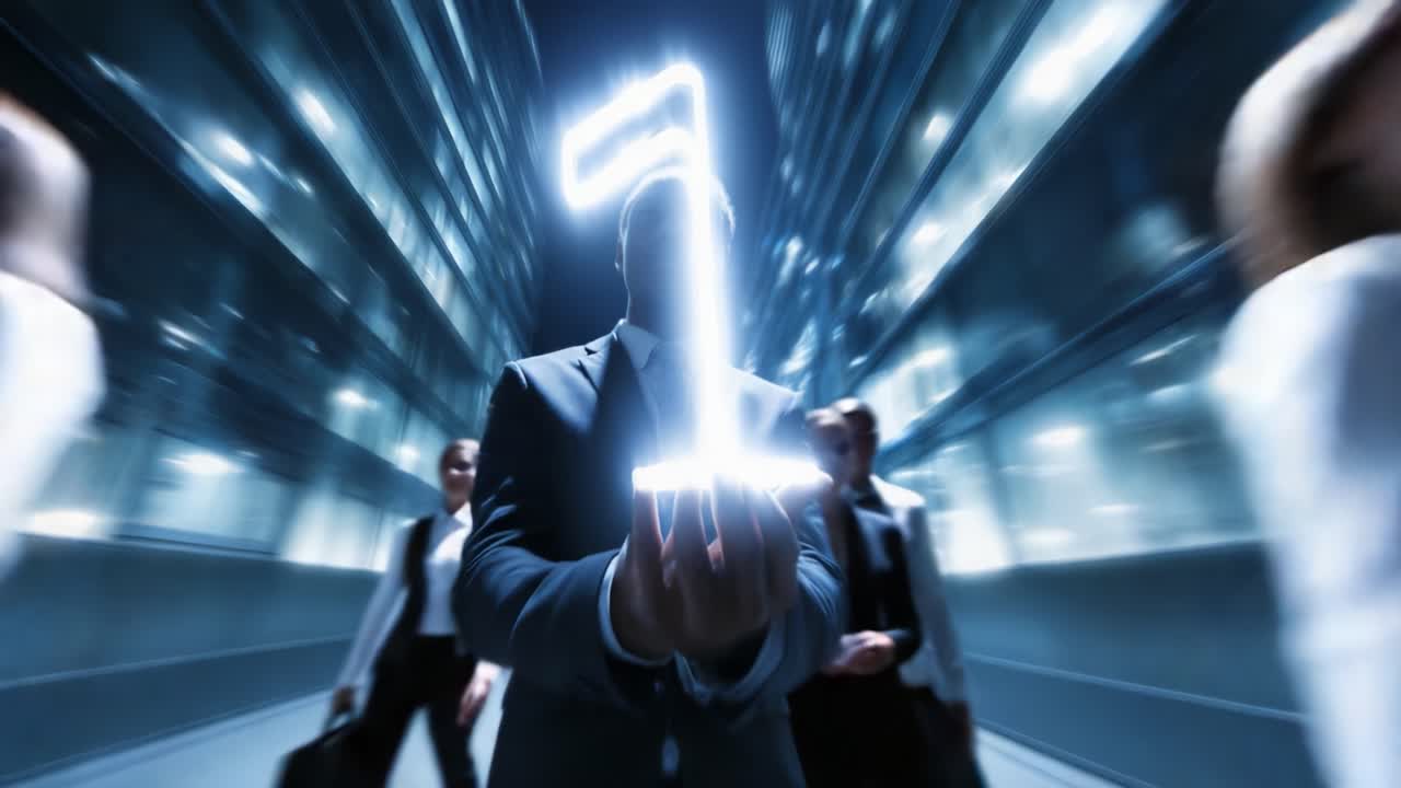 A captivating visual concept showcasing a diverse group of professional individuals, with a striking luminous number one held prominently in the foreground, symbolizing leadership and achievement in a modern urban setting
