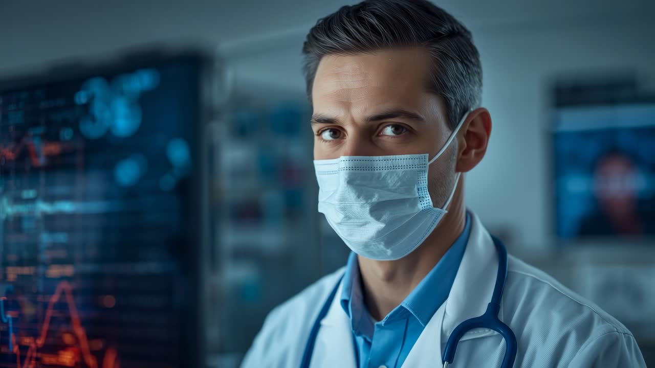 Reviewing ECG waveforms, physician scanning vital sign monitors in ICU, ensuring patient safety