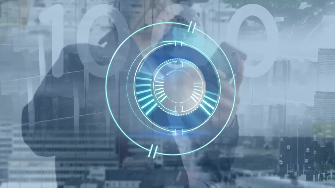 animación del círculo de procesamiento sobre un hombre biracial usando un teléfono inteligente