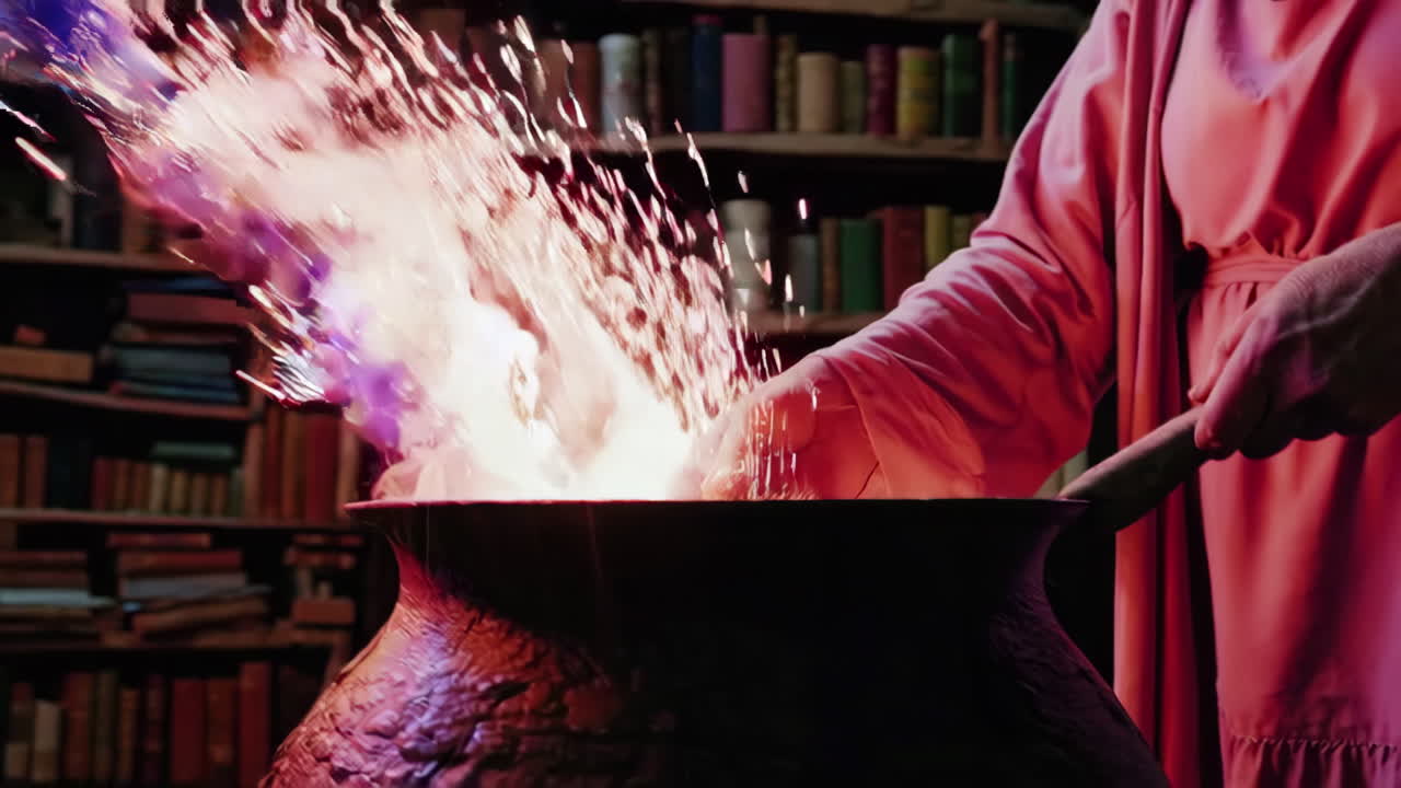 un mago preparando una poción en una biblioteca oscura