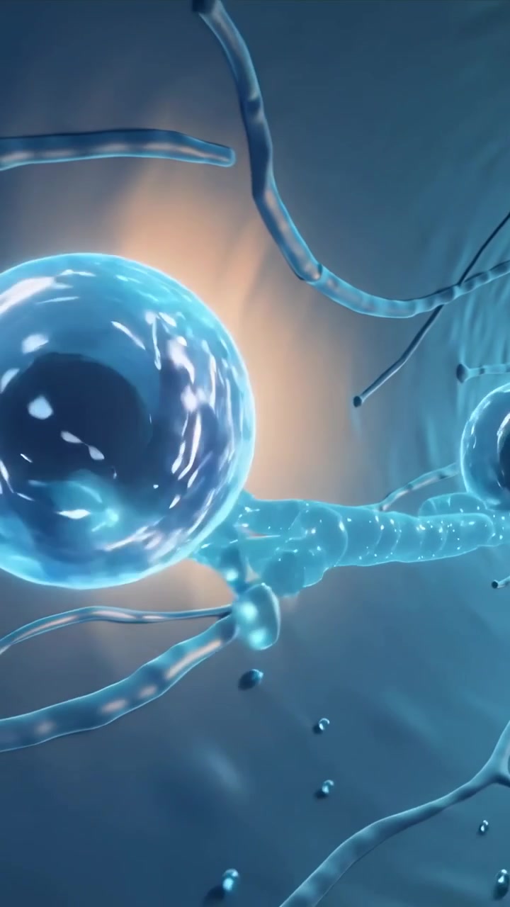 Video verticale: Telecamera scorrevole rivela una sfera con nucleo scuro in un fluido blu, con tubi e perline che si muovono.