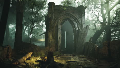 mysterious ruins in a dense forest illuminated by soft light at dusk