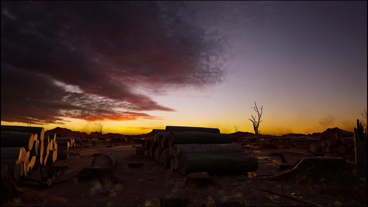 Ceppi d'Albero Rimasti Dopo la Deforestazione, al Tramonto