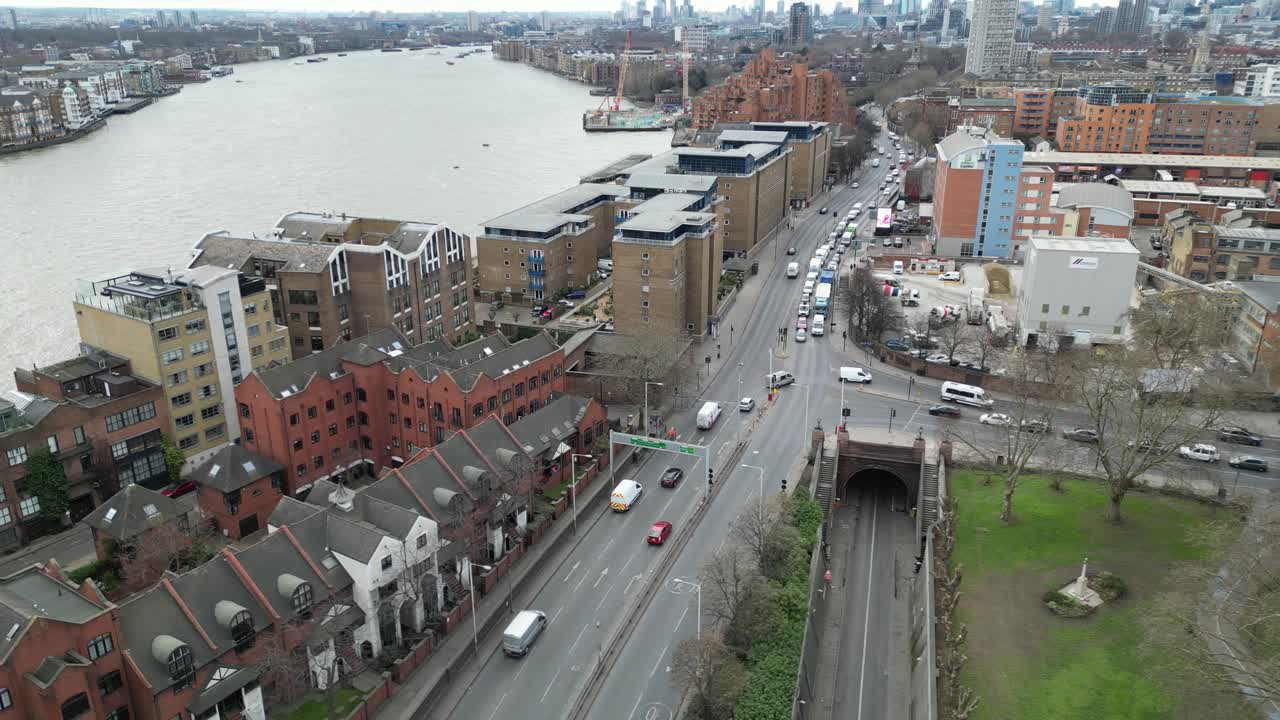 entrada al túnel de rotherhithe, dron del este de londres, aéreo, vista desde el aire, vista panorámica
