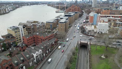 Eingang-Zum-Rotherhithe-Tunnel,-East-London-Drohne,-Luftaufnahme,-Blick-Aus-Der-Luft,-Vogelperspektive