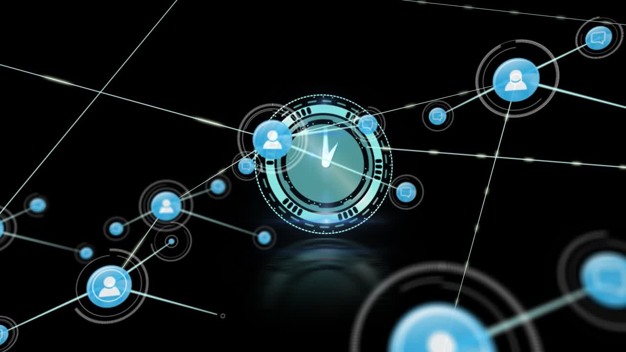 Animazione di rete di connessioni con icone su un orologio