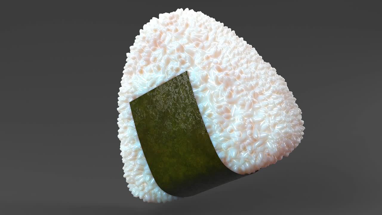 bola de arroz onigiri envuelta en algas nori sobre un fondo negro. animación en 3d capaz de hacer bucles.