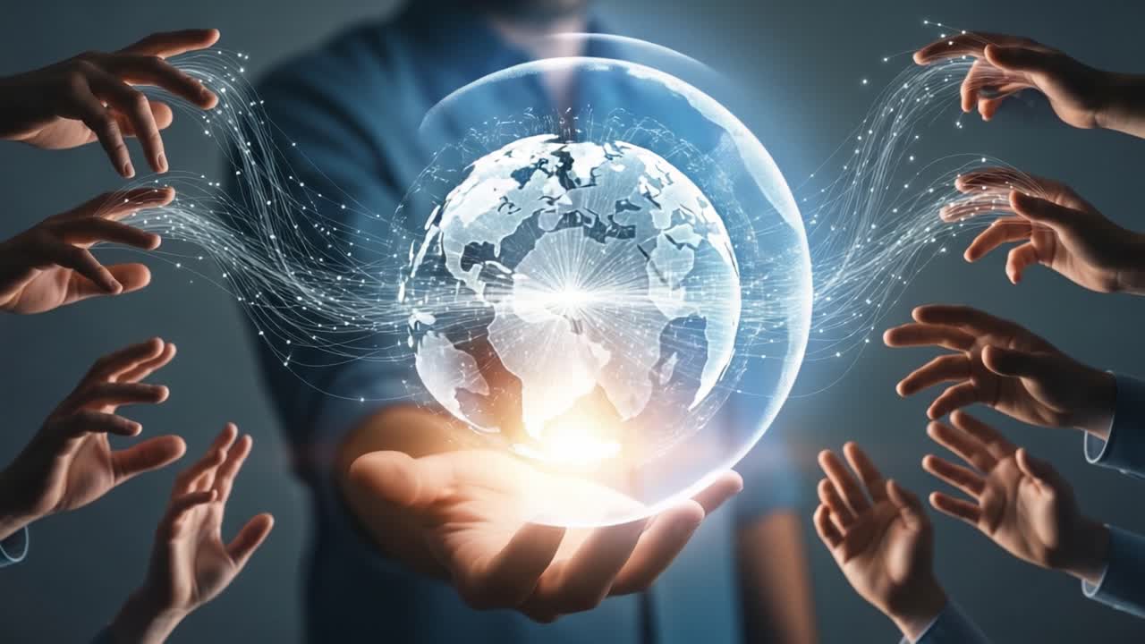 A Hands-On Approach to Global Connection: A Person Holding a Glowing Earth Sphere Surrounded by Reaching Hands, Symbolizing Unity and Cooperation in a Digital World