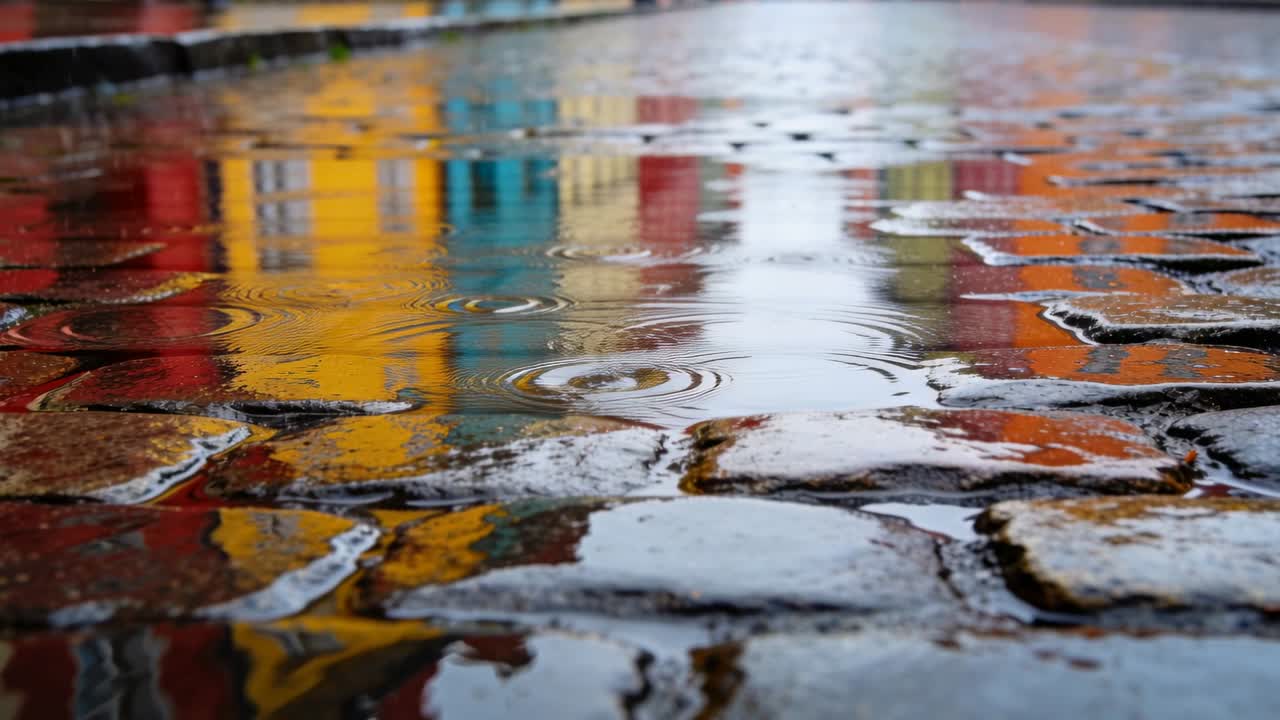 Showing shallow puddle reflecting bright facades on wet cobblestone street, rain distorting colors