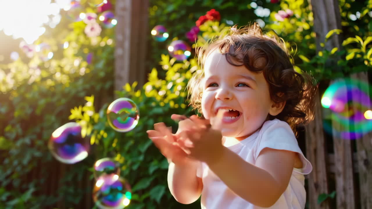 Happy Child Playing with Bubbles in a Garden