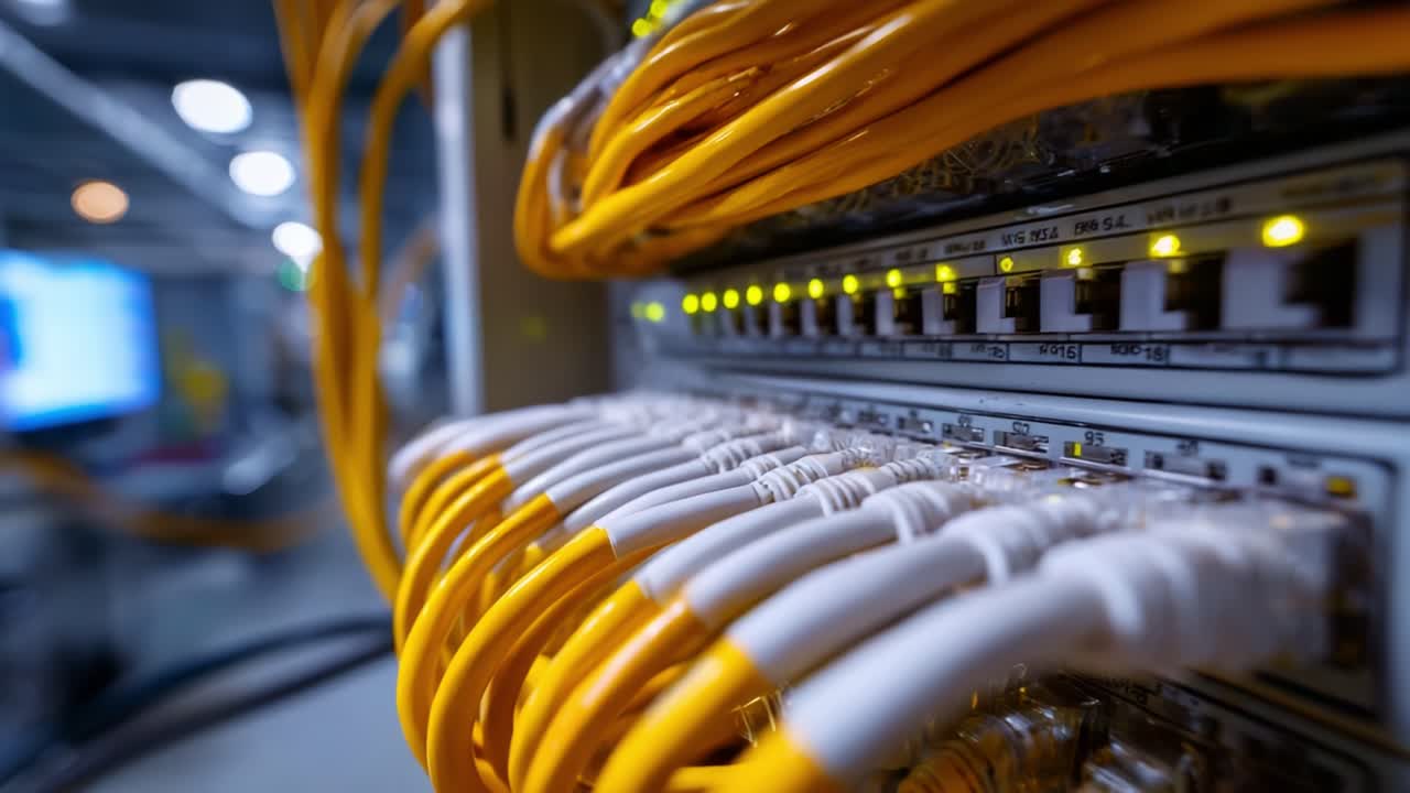 Close-up View of Network Cables and Switches in a Data Center, Showcasing Ethernet Connections and Lighting Indicators for Active Ports and Network Status