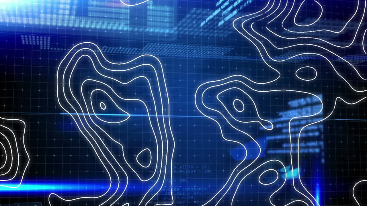 Animation of white lines, digital data processing over glowing blue lights