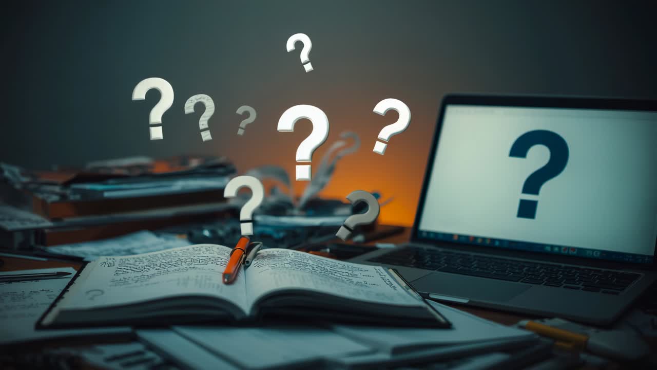 Forming floating question marks rising above study desk, with notebook, laptop and orange pen