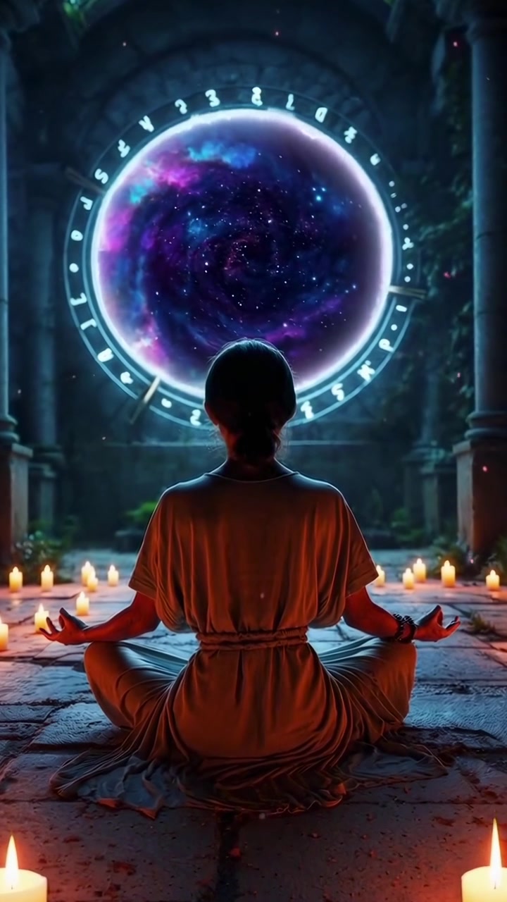 Donna che medita in un antico tempio davanti a un portale cosmico