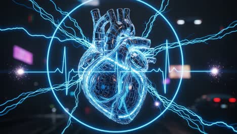 a stunning visualization of a heart pulsating with energy, showcasing the intersection of technology and biological life in a futuristic design