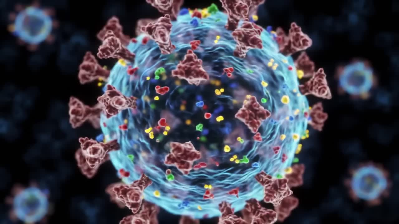 Visually Captivating Representation of a Virus, Showcasing Intricate Molecular Structures and Colorful Components Within a Microscopic Environment