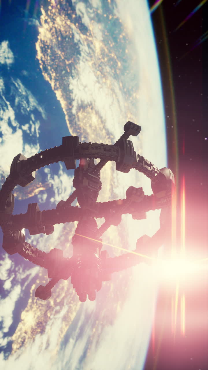 Uma estação espacial em órbita ao redor da Terra