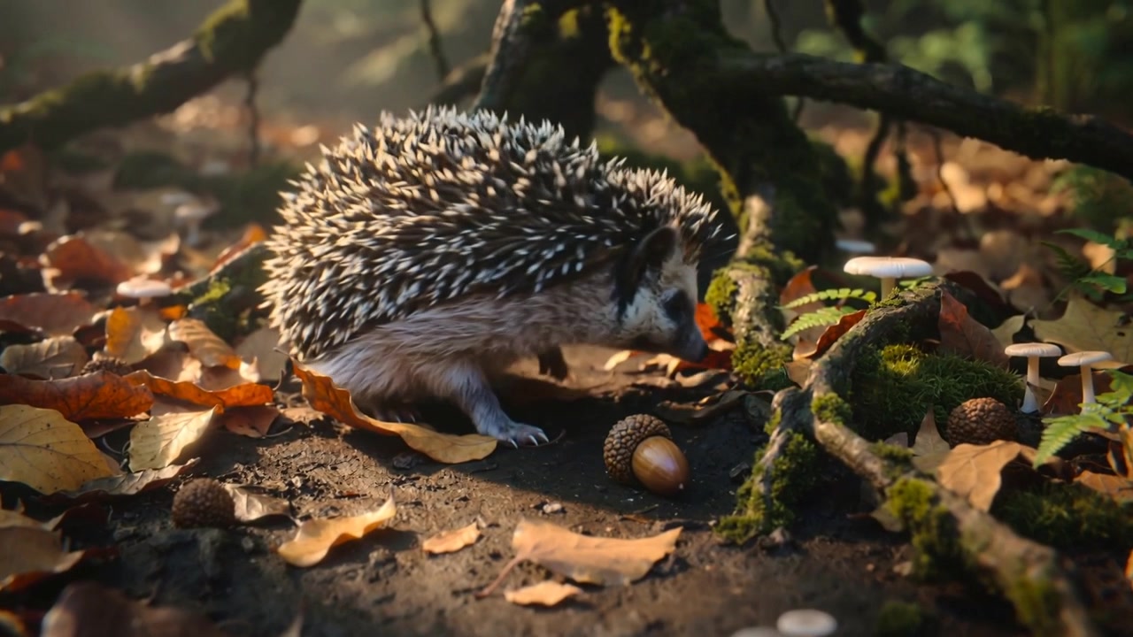 Ein Igel wittert eine Eichel, schnüffelt und scharrt in Blättern, dreht sich um und geht auf dem Waldboden auf Nahrungssuche.