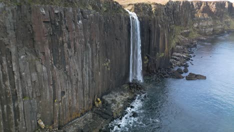 Drone-panning-shot-of-water-falling-from-the-Mealt-falls-in-the-atlantic-ocean