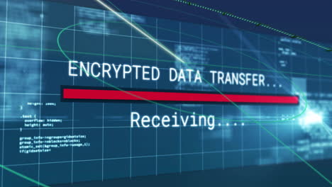 animation of digital data processing over encrypted data transfer text on black background