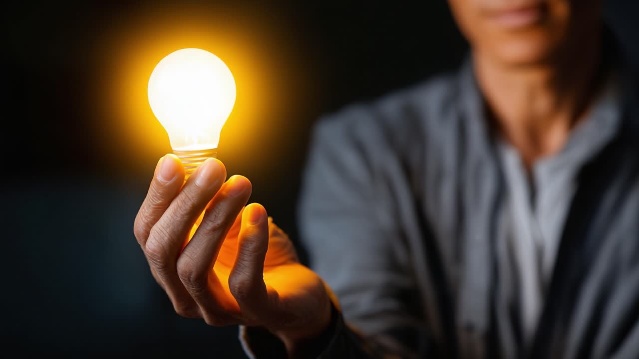 A person holds a glowing light bulb, symbolizing innovation, ideas, and creativity, with a focus on illumination and inspiration against a dark backdrop