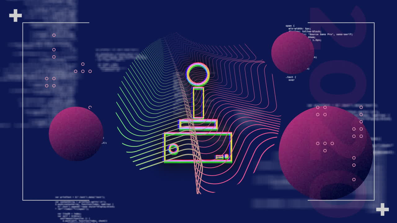 Illustrating retro joystick with colorful lines and abstract spheres on dark background