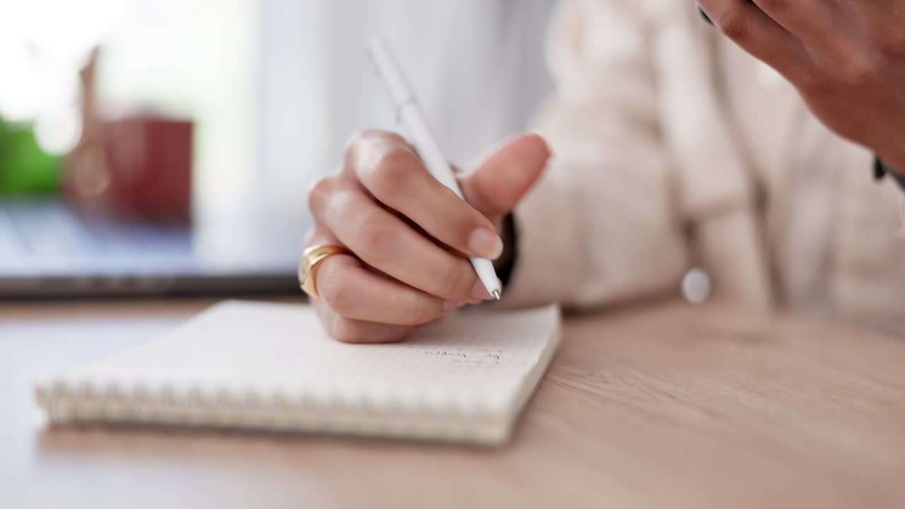 Writing, hand and notebook at home with planning