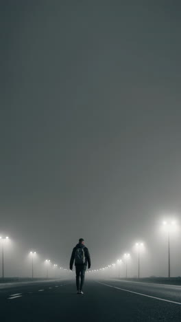 a man walks alone on a foggy road at night, illuminated by streetlights.