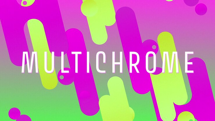 Gradient shifting magenta-green backdrop pill-shaped bars drifting around MULTICHROME dots pulsing