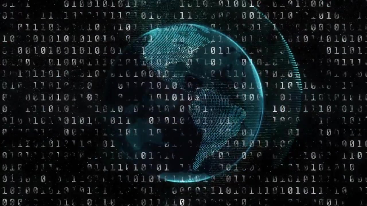 Binary digits shifting causing blue arc then turquoise points forming rotating globe for data view