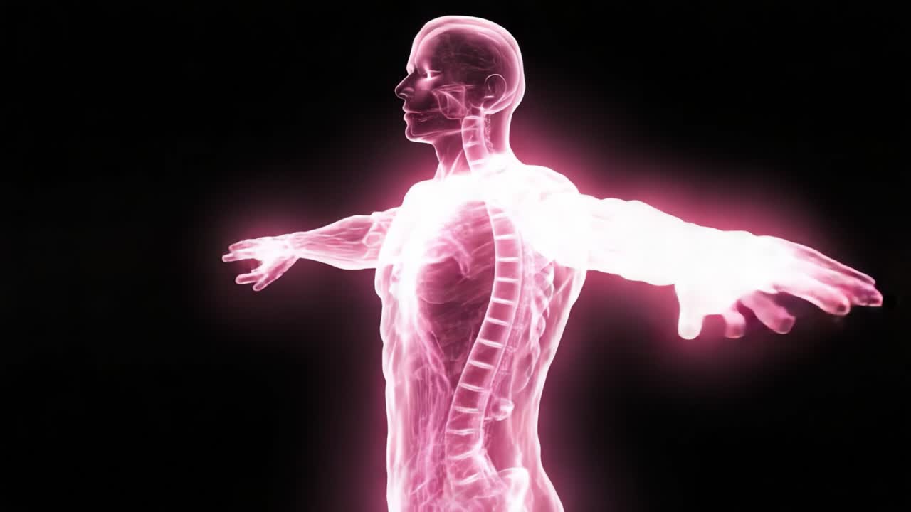 A Dynamic Visualization of the Human Anatomy Highlighting Biological Structures with a Neon Pink Design, Emphasizing Muscles, Bones, and Vital Organs in a Captivating Display