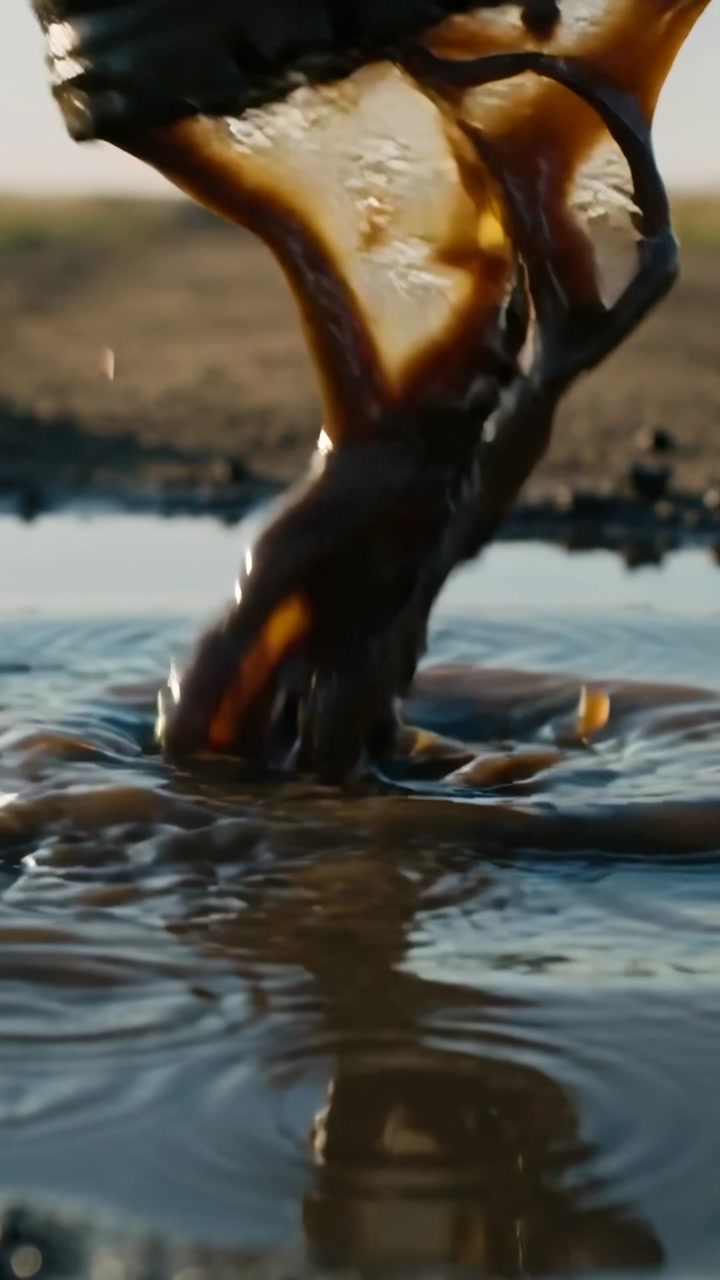 Vertical video: Person's boot pressing puddle, sending brown splash and ripples for outdoor use