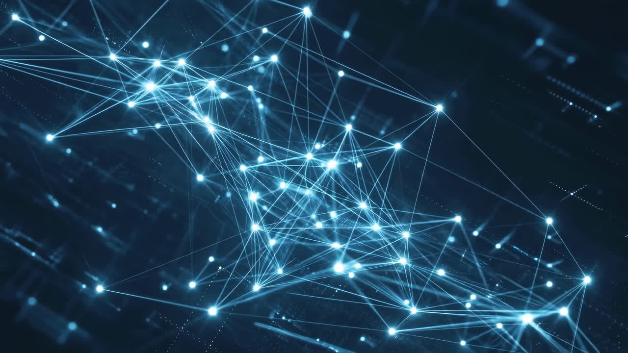 Glowing Network Of Interconnected Nodes Drifts Over Deep Blue Field, Pulsing Links Form Shifting Mesh