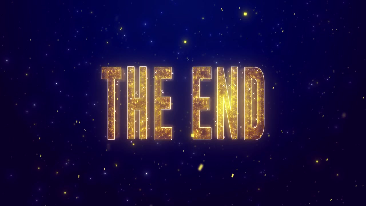 Sparkling gold outro text visual with bright final words floating confetti starry blue background