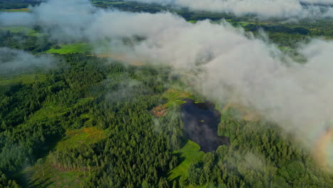 Panoramic-aerial-at-green-leafy-forests,-clouds-crossed-landscape,-lake-hidden-in-the-middle-of-nature,-with-no-one