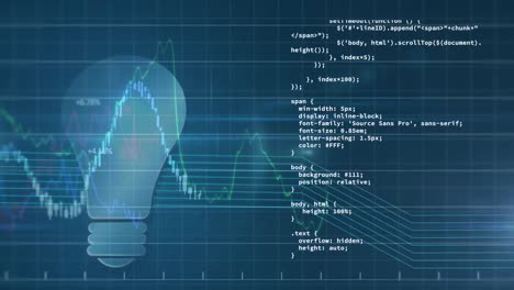animación del procesamiento de datos sobre el icono de la bombilla sobre fondo azul.