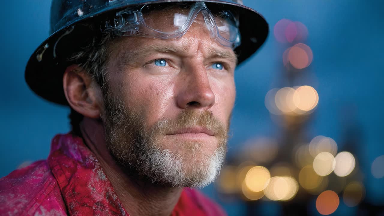 A Weathered Oil Worker Reflects on Life Amidst the Industrial Backdrop, Showcasing Resilience and Determination in a Challenging Environment