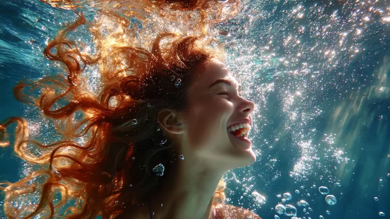 A Joyful Underwater Experience: A Young Woman Enjoying Life with Brightly Colored Hair and Bubbles Surrounding Her, Captured in a Dreamy, Serene Ocean Environment