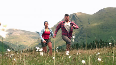 Una-Pareja-Alegre-Corriendo-De-La-Mano-Por-El-Campo.