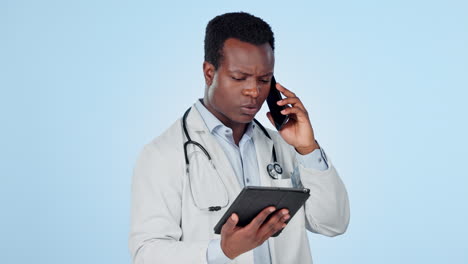 black man, phone call and tablet with doctor