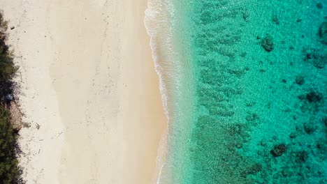 peaceful coastline of tropical island with wide sandy exotic beach washed by crystal emerald water of turquoise lagoon with coral reefs on seabed