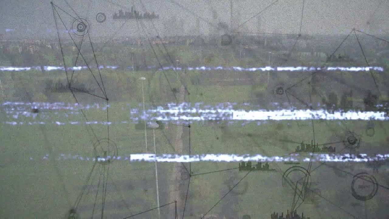 Glitching pane starting tech overlaying and noise bands, obscuring lamppost or path for diagnostics