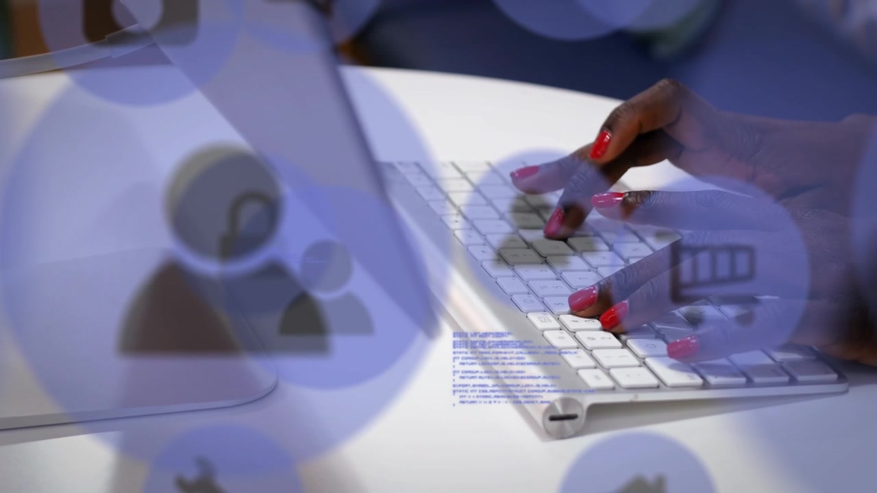Animation of technology icons over hands of woman typing on laptop