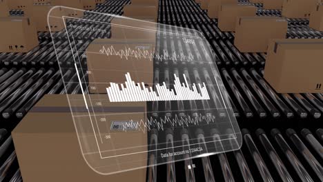 Animation-of-data-processing-on-screens-over-cardboard-boxes-on-conveyor-belts