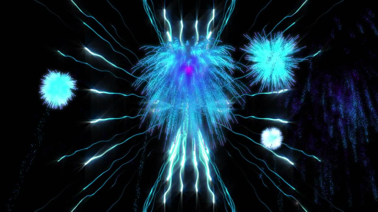 Cyan core brightening pulsing emitting beams launching cyan bursts expanding trailing filling frame