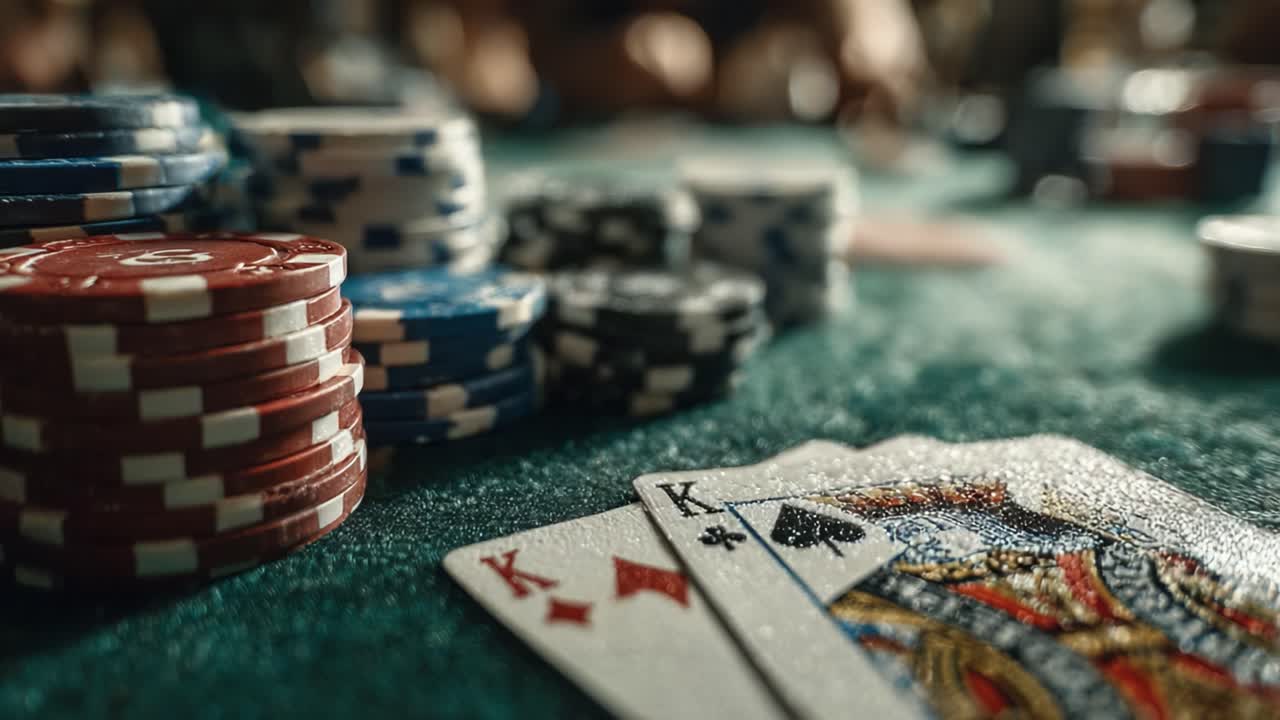 A Close-Up View of Poker Chips and Playing Cards on a Green Felt Table, Capturing the Tension and Excitement of a High-Stakes Card Game