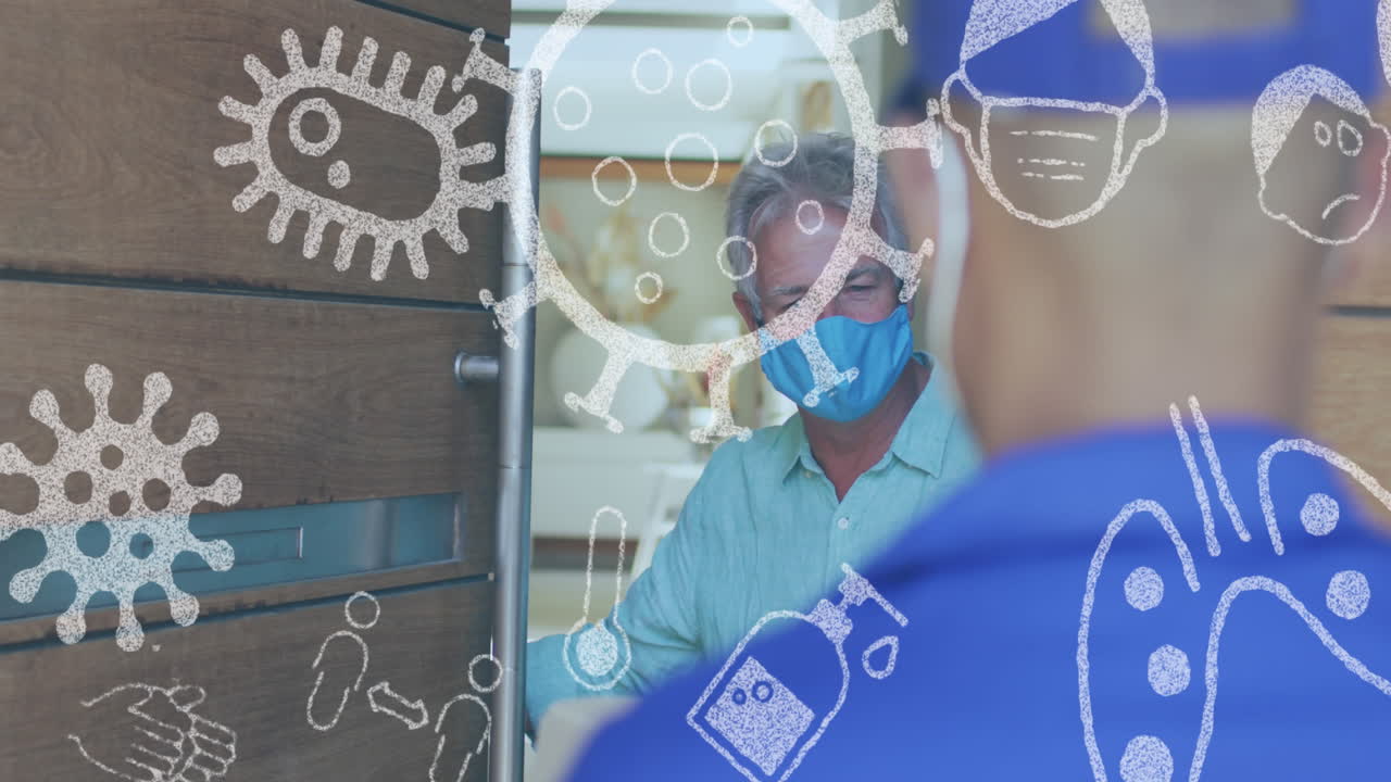 animación de iones de covid-19 sobre un hombre mayor y un repartidor con máscaras faciales